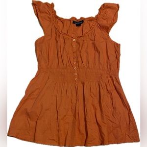Ashley Stewart Babydoll Blouse Orange Smocked Waist and Neckline Ruffle 14W